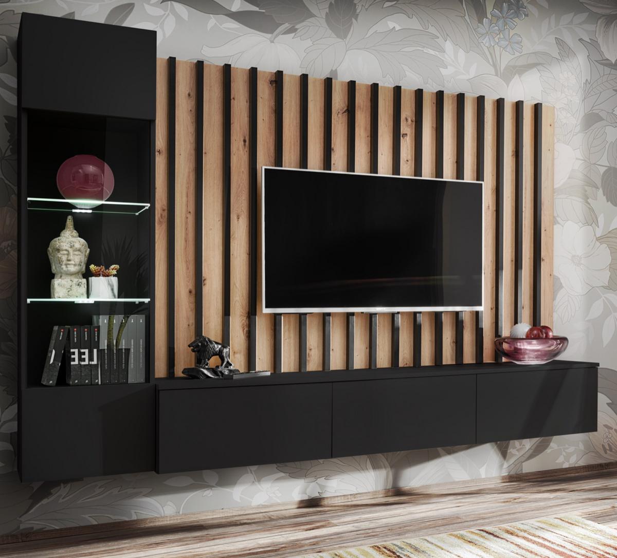 WOHNWAND schwarz, Artisan Eiche 220 cm, Schrankwand inkl. LED Beleuchtung - Schwarz/Eiche Artisan, Glas/Holzwerkstoff (220/148/35cm) - Furn.Design