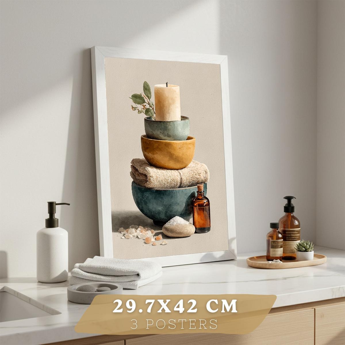 POSTER Set aus 3 Badezimmer Wandbildern und Drucke zur Dekoration für Waschbecken Dusche WC und Bad mit Kerzen Seifen und Handtüchern Rahmenlos A3 - Klar, Papier (42/29.7/3cm) - Nacnic