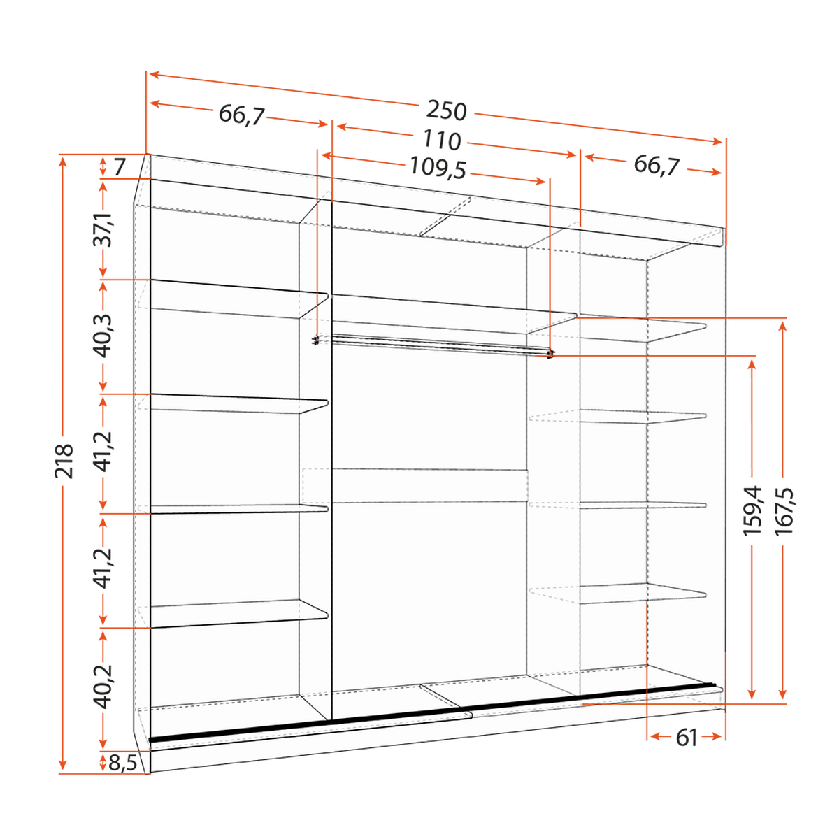 SCHWEBETÜRENSCHRANK ALBA ohne Spiegel Weiß, Sonoma Eiche, ohne LED Beleuchtung 250 cm - Weiß/Sonoma Eiche, Holz (250/218/61cm) - imoebel24