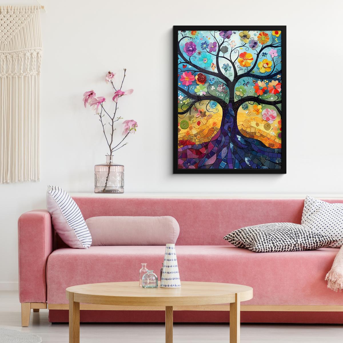 POSTER MIT RAHMEN Kunst - Baum des Lebens - Blumen - Hippie Posterleiste 60x80 cm - Dunkelblau, Papier (60/80cm) - MuchoWow