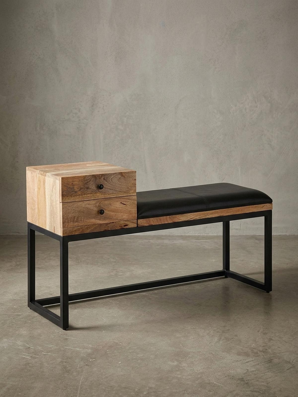 SITZBANK – Ziegenleder/Metall, Schubladen, Retro-Stil - Schwarz/Braun, Leder/Metall (100/60/35cm) - KADIMA DESIGN