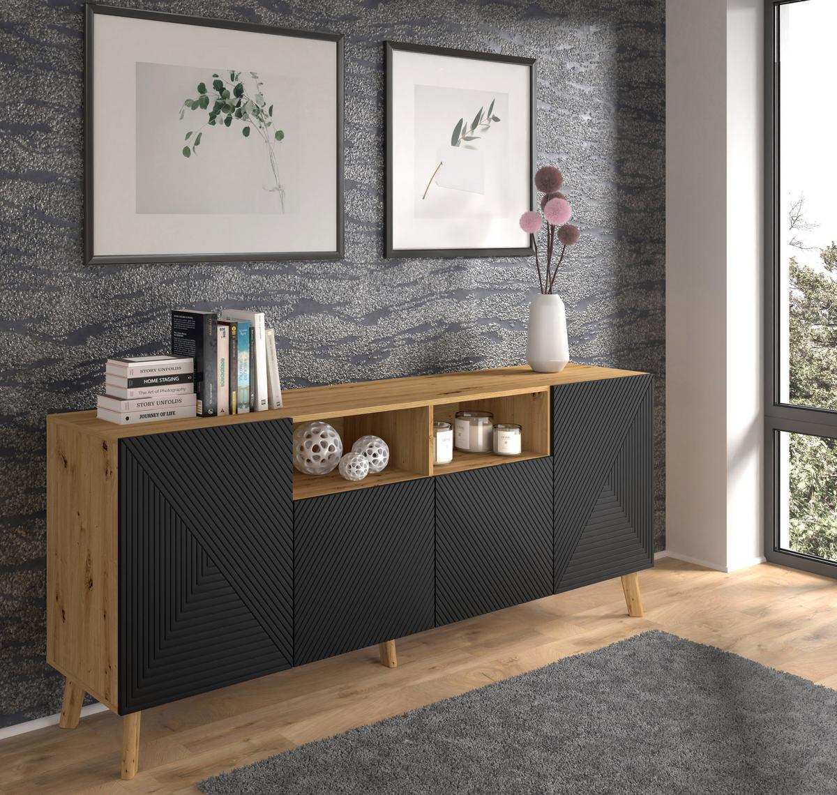 KOMMODE Artisan Eiche, Schwarz 195/80/42 - Schwarz, Holzwerkstoff (195/80/42cm) - RAUMHIRSCH FURNITURE