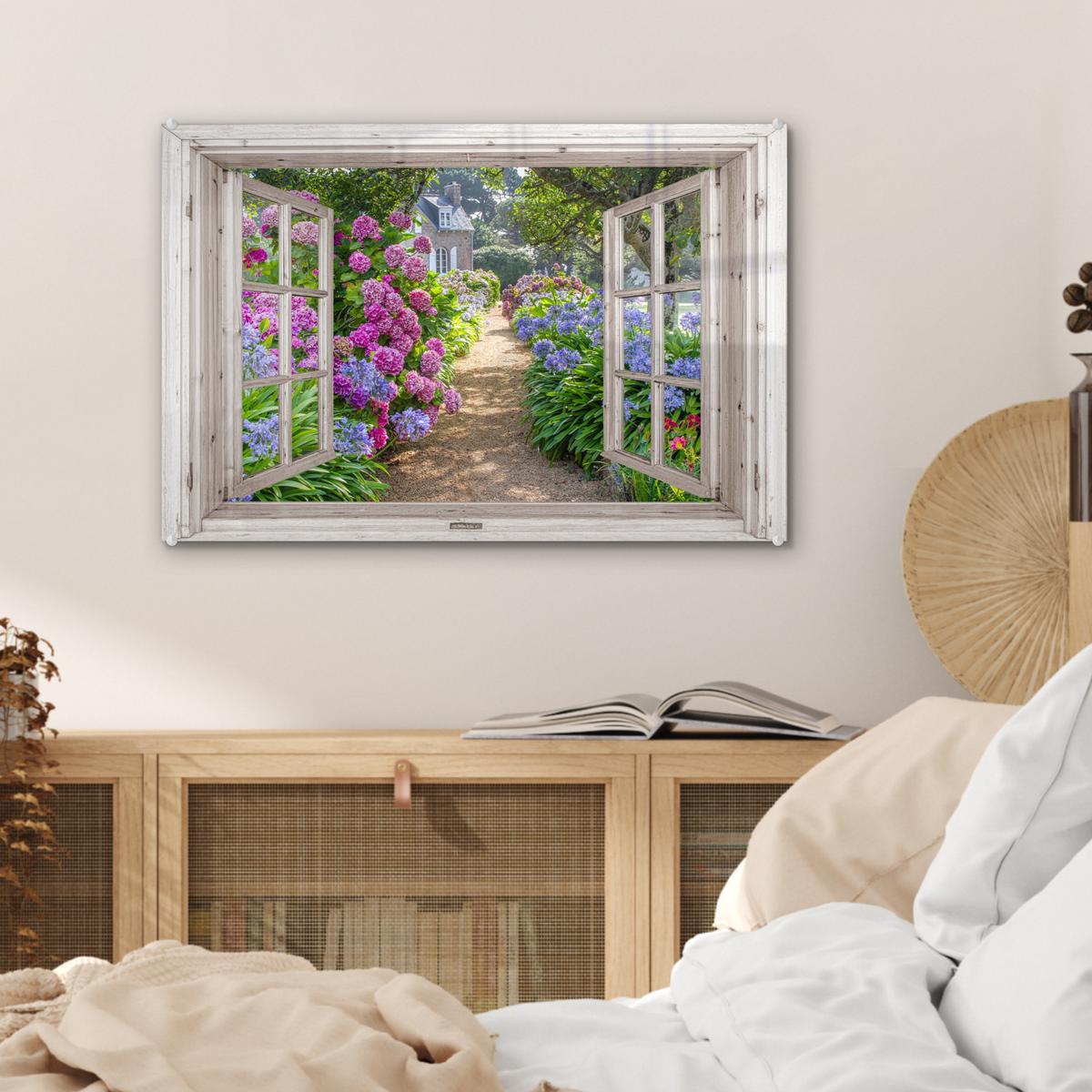 ACRYLGLASBILD Hortensie - Durchsichtig - Blumen - Sommer - Lila - Weg Wanddeko 60x40 cm - Lila, Glas (60/40cm) - MuchoWow