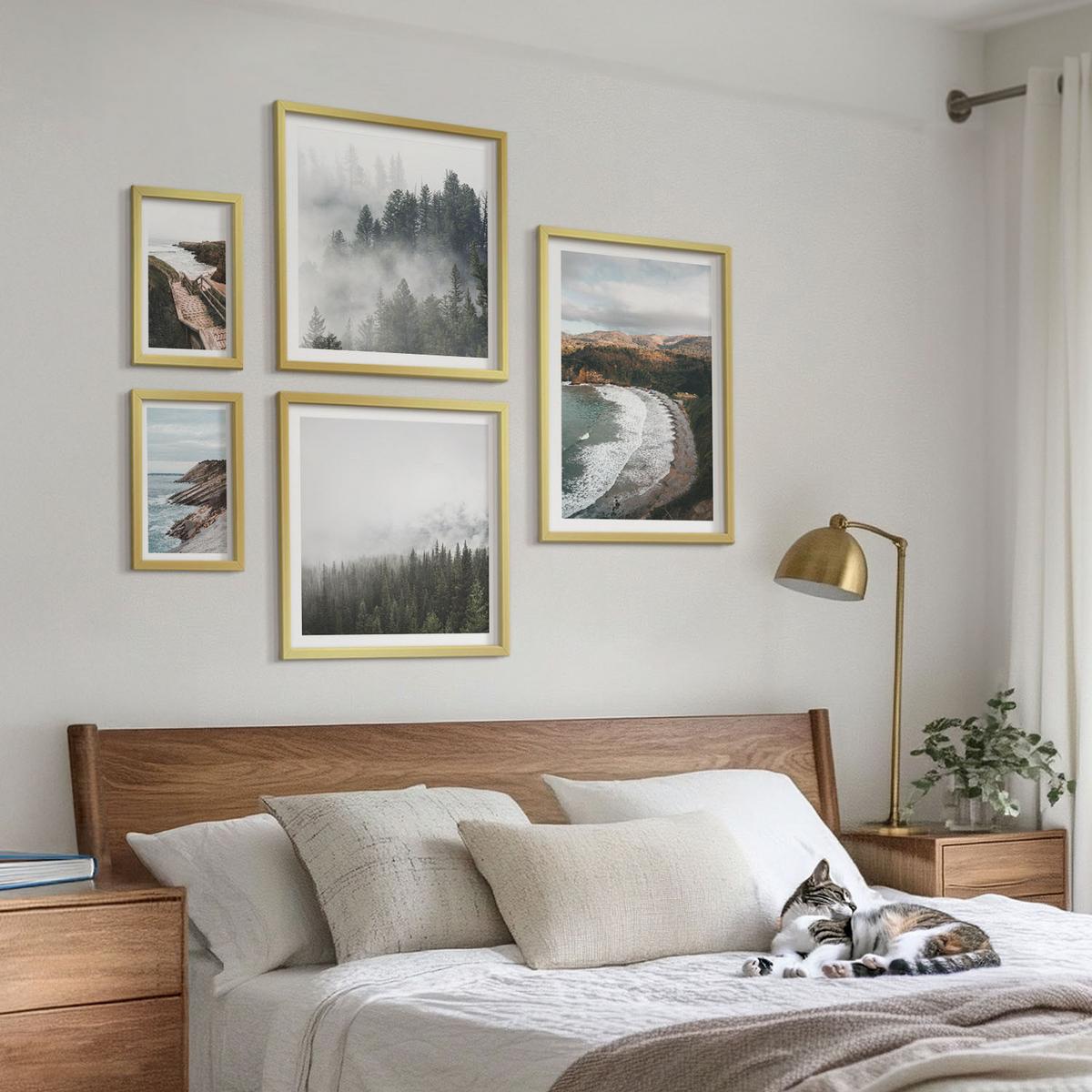 BILDER SET 5er Set - 50x50 cm & 20x30 cm & 40x60 cm Goldrahmen - Klippenblicke, Strandlandschaften - Goldfarben, Kunststoff (40/60cm) - TULUP