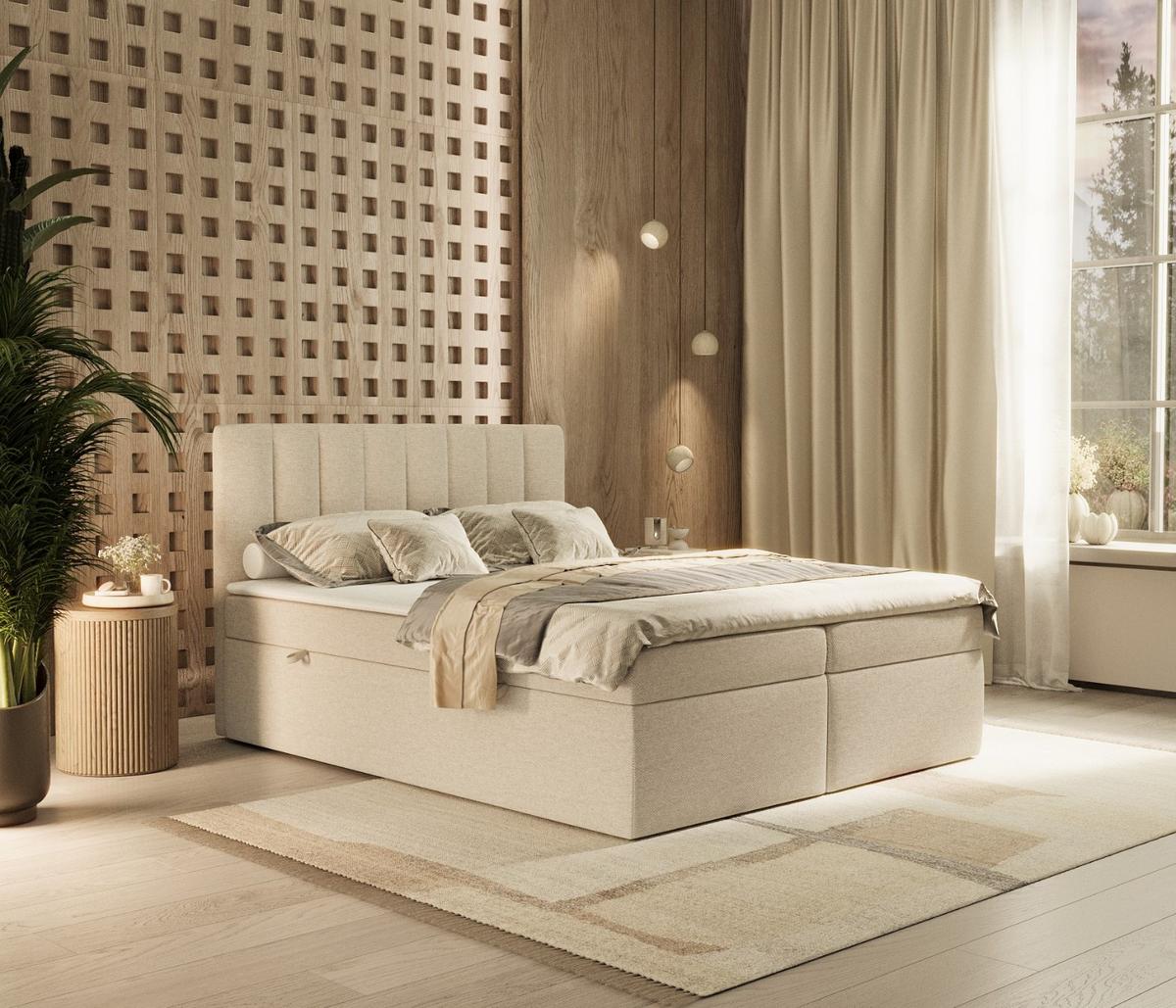 BOXBETT Amaro 140/200 cm Hellbeige im Megan Stoff - Sandfarben/Schwarz, Holz/Holzwerkstoff (140/200cm) - AltaBeds