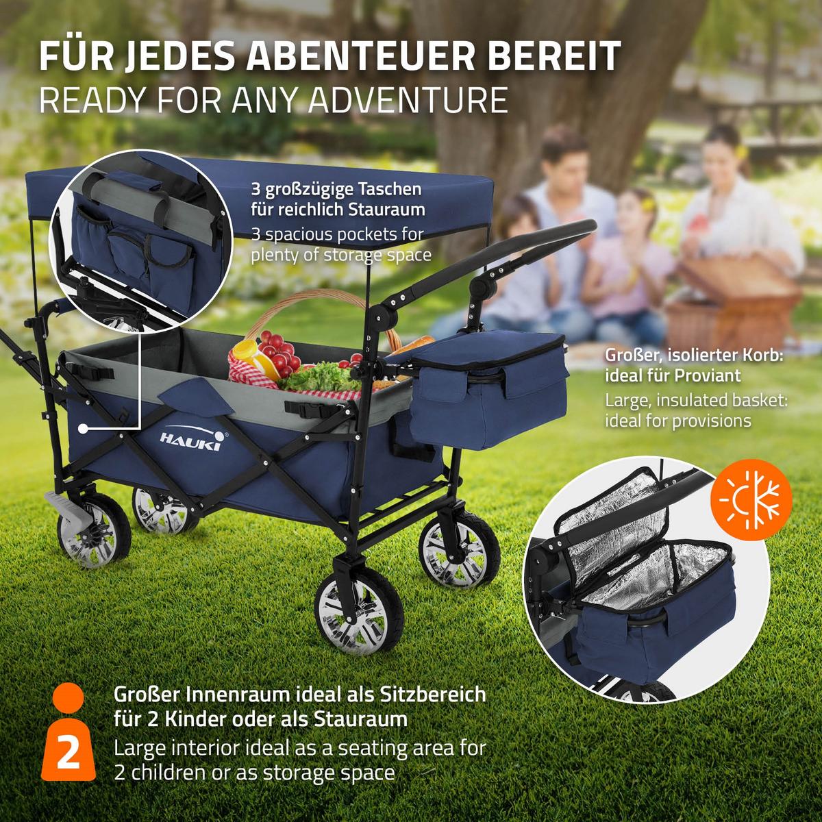 BOLLERWAGEN faltbar mit Dach XXL Blau-Grau Handwagen für Kinder Strand Picknick - Blau, Metall (56/99/196cm) - Hauki
