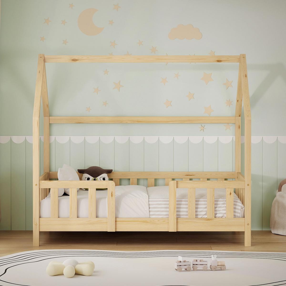 KINDERBETT 70x140 cm mit Rausfallschutz Natur aus Kiefernholz - Naturfarben, Holz (70/140cm) - ML-DESIGN