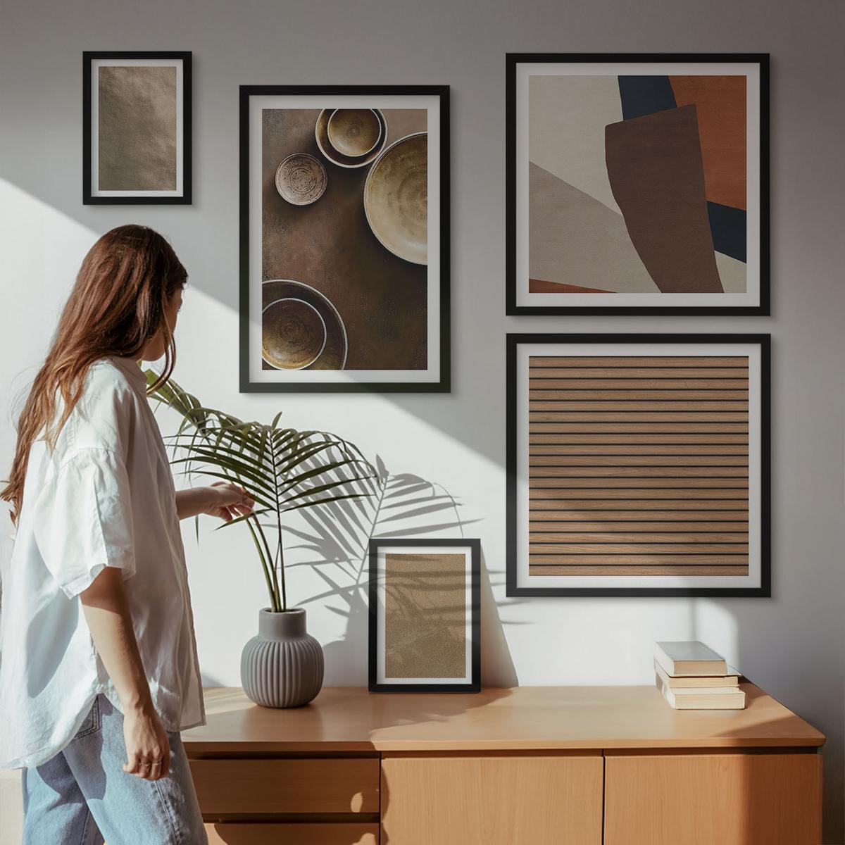 BILDER SET 5er Set - 50x50 cm & 20x30 cm & 40x60 cm Schwarzer Rahmen - Moderne Steinstrukturen - Schwarz, Kunststoff (40/60cm) - TULUP