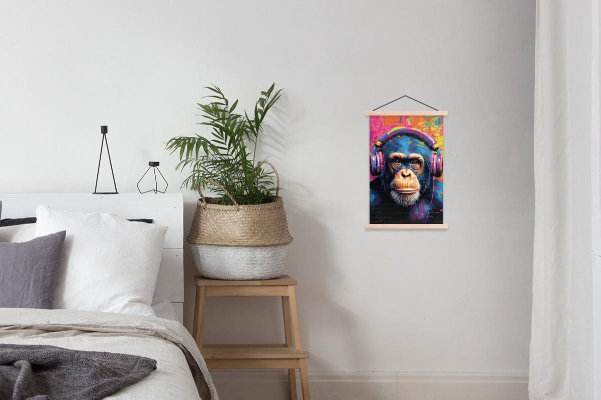 POSTER MIT MAGNETLEISTEN Graffiti - Schimpanse - Straßenkunst - Kopfhörer - Affe Deko Wohnzimmer 40x60 cm - Blau, Textil (40/60/0.15cm) - MuchoWow