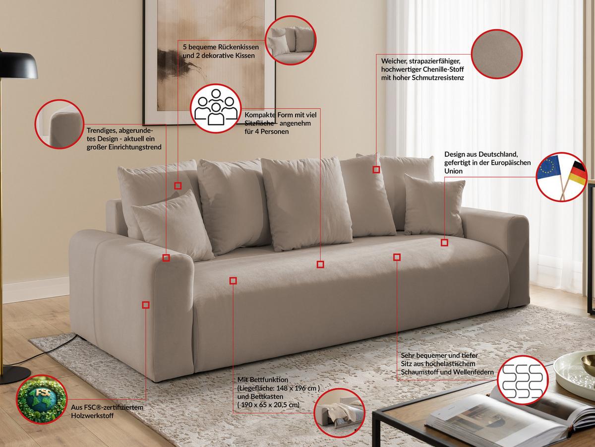 SCHLAFSOFA Calma mit Bettkasten im Bumpy-Design aus weichem Greige Webstoff - Greige/Schwarz, Holz/Kunststoff (239/88/98cm) - S-Style
