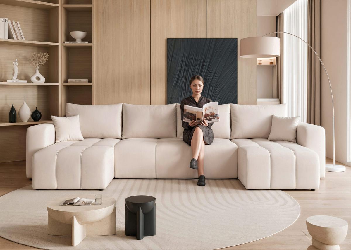 WOHNLANDSCHAFT U-Form Velours mit Bettkasten und Schlaffunktion - Creme, Holzwerkstoff/Textil (318/79/145cm) - Idohome