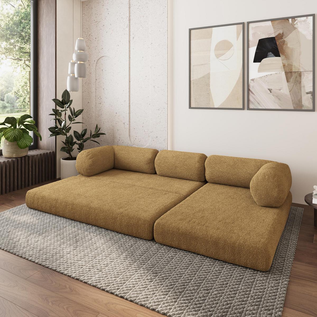 ECKSOFA KELI modulares Boneless Sofa mit Schlaffunktion Orange Boucle-Stoff - Gelb, Textil (270/160cm) - MASSENO