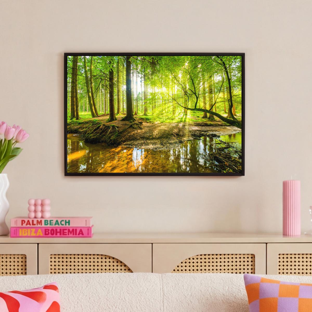 LEINWAND Bilder mit Rahmen - Wald - Landschaft - Wasser - Bäume - Sonne - Grün - Natur - 60x40 - Grün, Textil (60/40cm) - MuchoWow