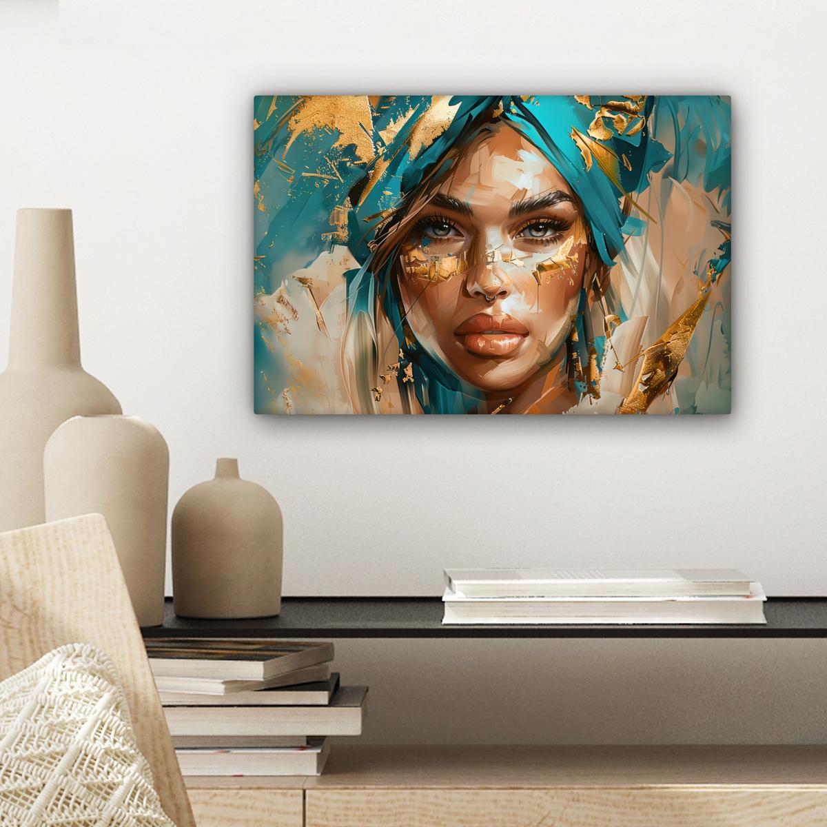 LEINWANDBILD Frau - Porträt - Gold - Luxus - Blau Deko Schlafzimmer 30x20 cm - Türkis, Textil (30/20cm) - MuchoWow