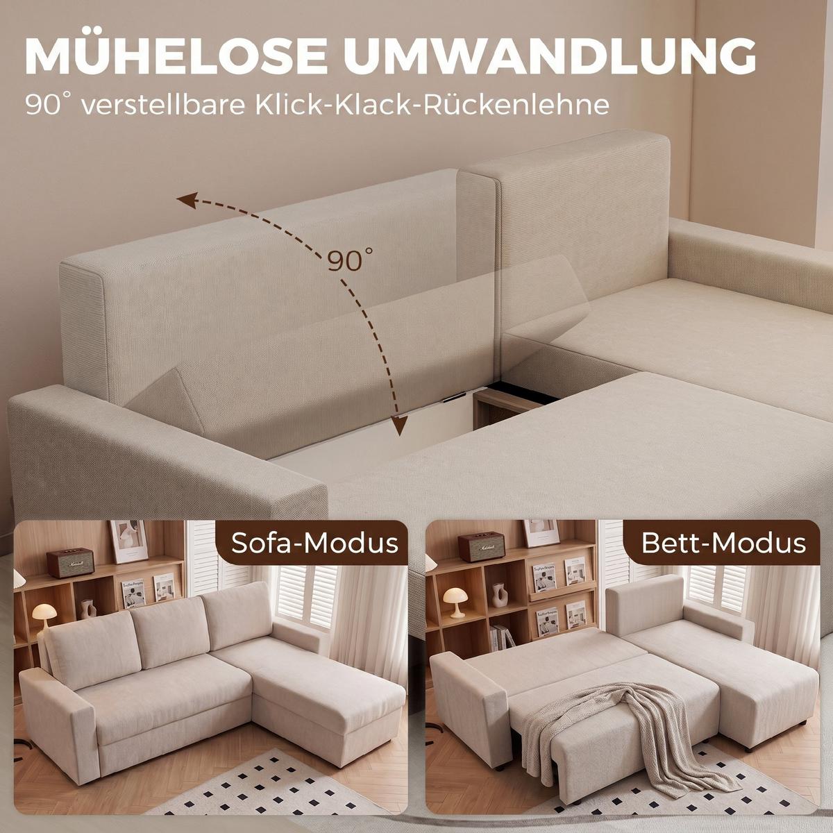 SCHLAFSOFA Polyester Beige - Beige/Schwarz, Holzwerkstoff/Kunststoff (125/86/226cm) - HOMCOM