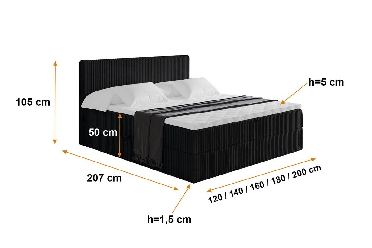 BOXBETT mit Matratze H4 und Lattenrost - TOLO - 180x200 Cord - Schwarz - Schwarz, Holzwerkstoff/Kunststoff (180/200cm) - ALTDECOR