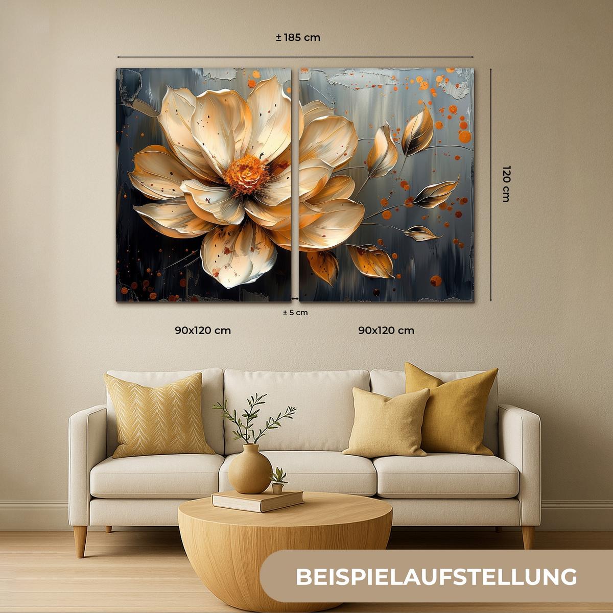 LEINWANDBILD 2er Set Blume - Gold - Abstrakt - Farbe 120x80 cm - Creme, Textil (120/80cm) - MuchoWow