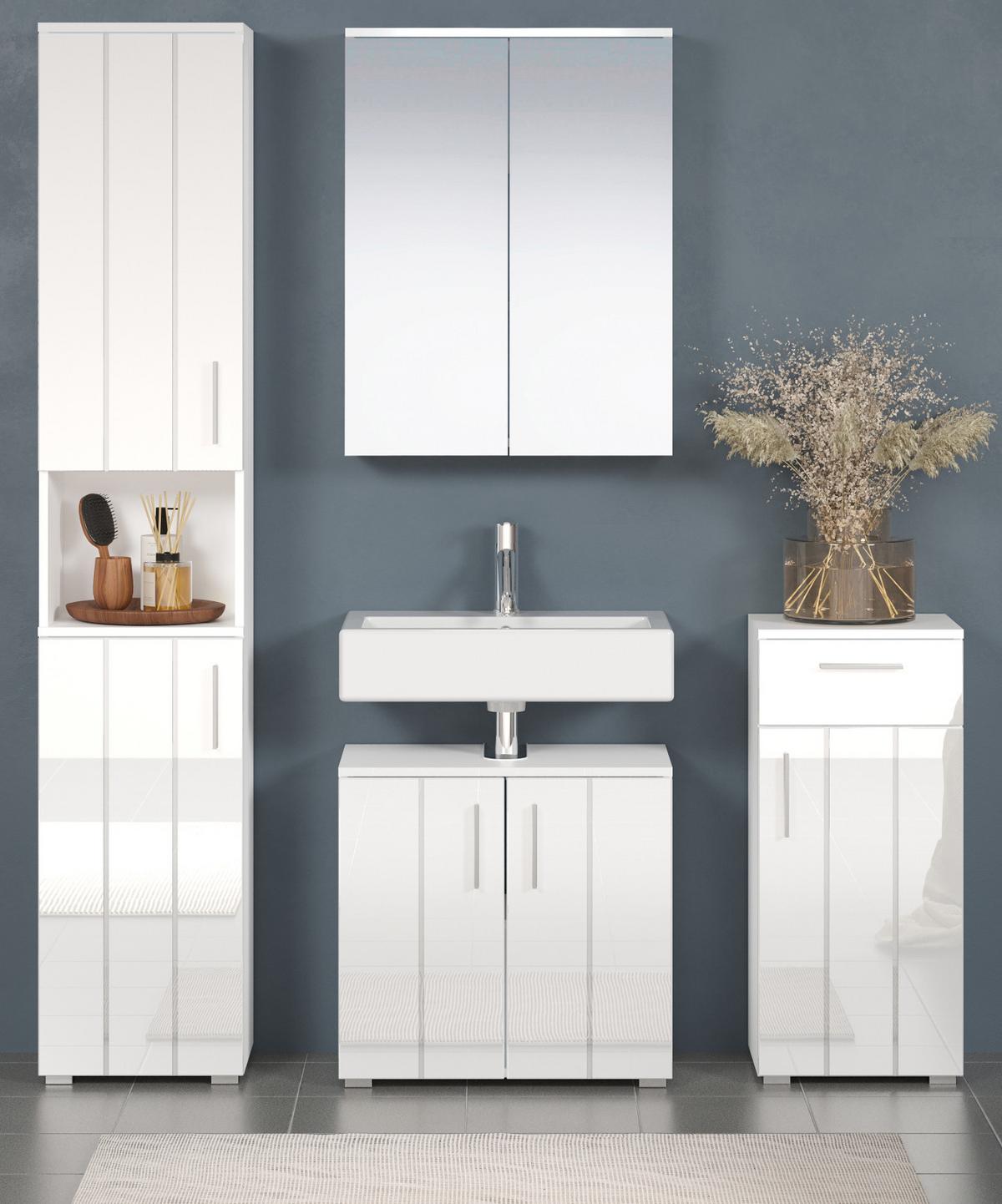BADMÖBEL-SET weiß Hochglanz 4-teilig 164 x 192 cm, moderne Badezimmer-Schränke - Weiß Hochglanz/Silberfarben, Holzwerkstoff/Kunststoff (164/192/32cm) - Top.Furn