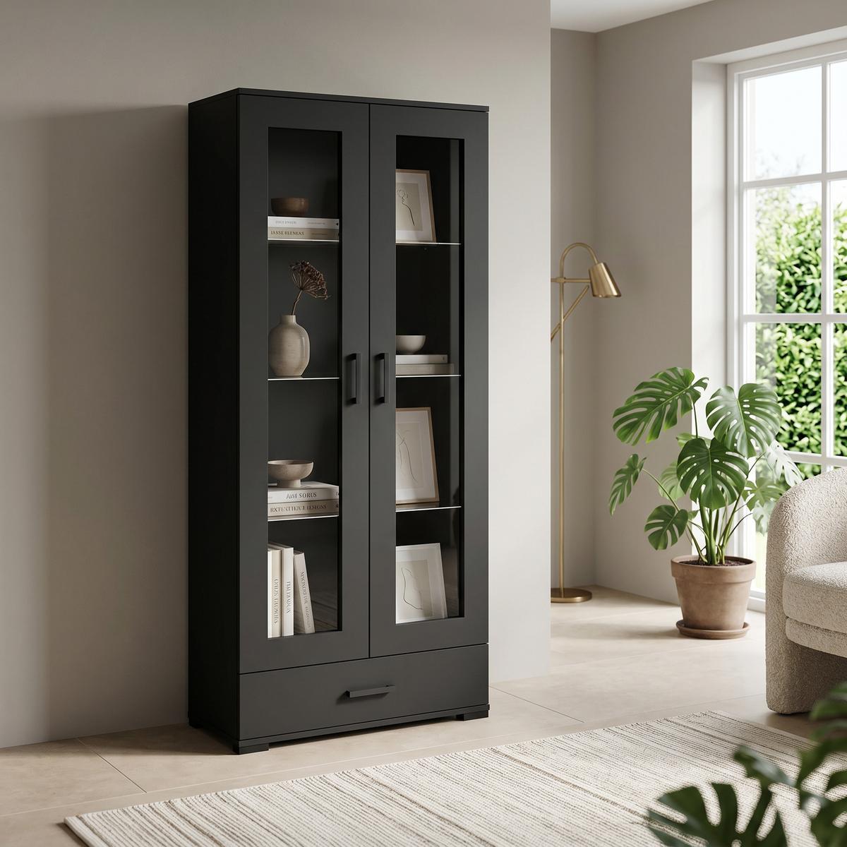 VITRINENSCHRANK ALBANO 186 x 80 cm Schwarz - Schwarz, Holzwerkstoff (80/186/40cm) - MASSENO