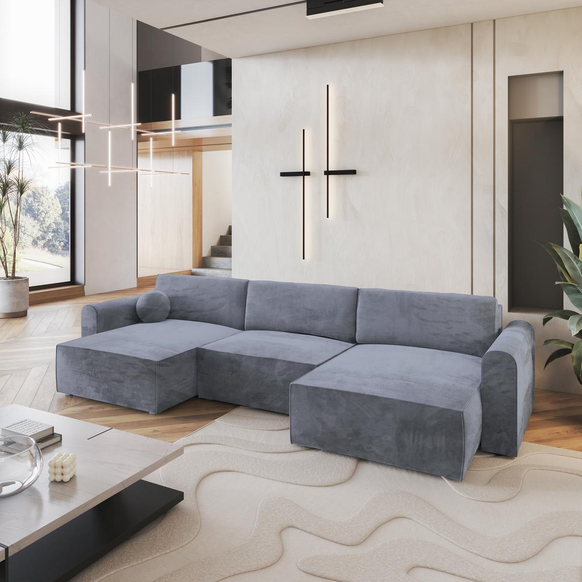 WOHNLANDSCHAFT FENTO M Grau Velours-Stoff mit Schlaffunktion - Grau, Holz/Kunststoff (347/90/148cm) - MASSENO