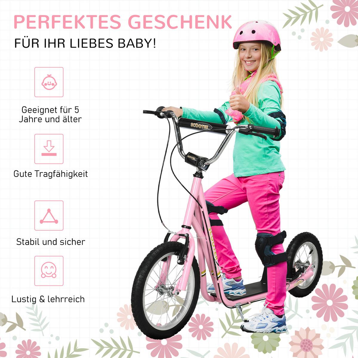 KINDER Tretroller mit Bremsen Scooter 16/12 Zoll Cityroller verstellbar Rosa - Rosa, Metall (135/58/100cm) - HOMCOM