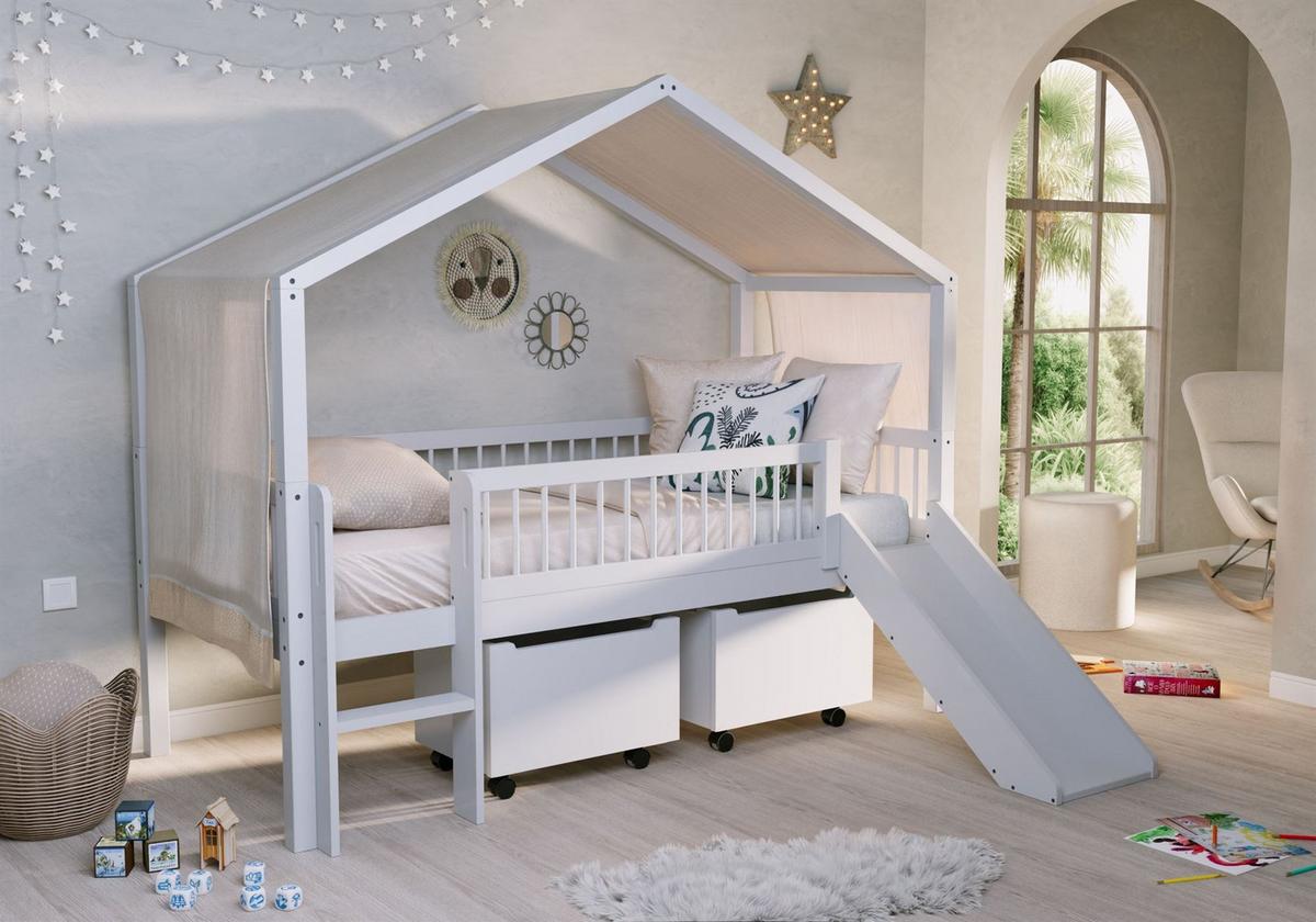 HAUSBETT HALBHOCH 90x200 Keeley Buche Weiß Rutsche Himmel - Weiß, Holz (90/200cm) - 58aufmkessel