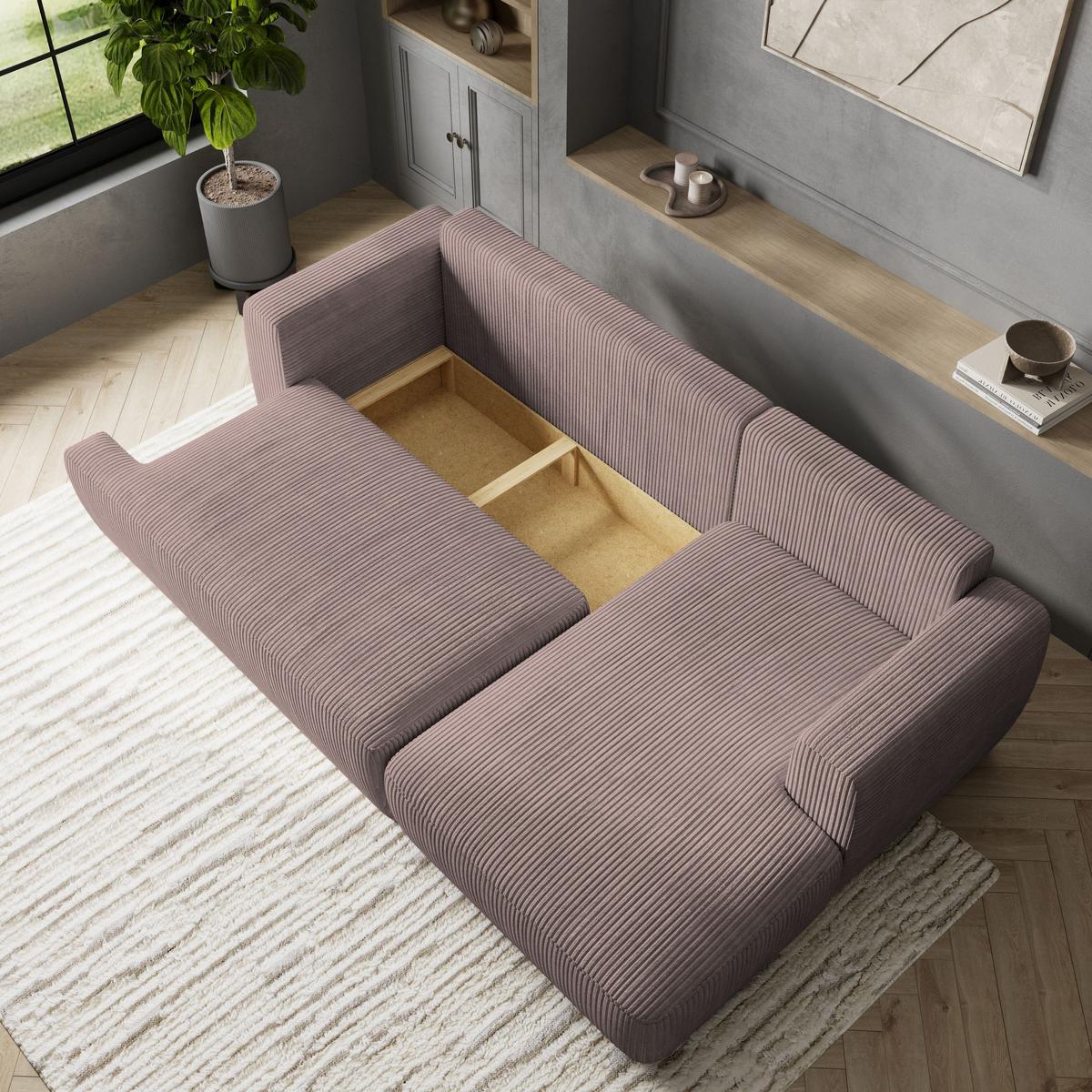 ECKSOFA SENTI P R-S Lila Kordstoff mit Schlaffunktion - Lila/Schwarz, Holz/Kunststoff (246/148cm) - MASSENO