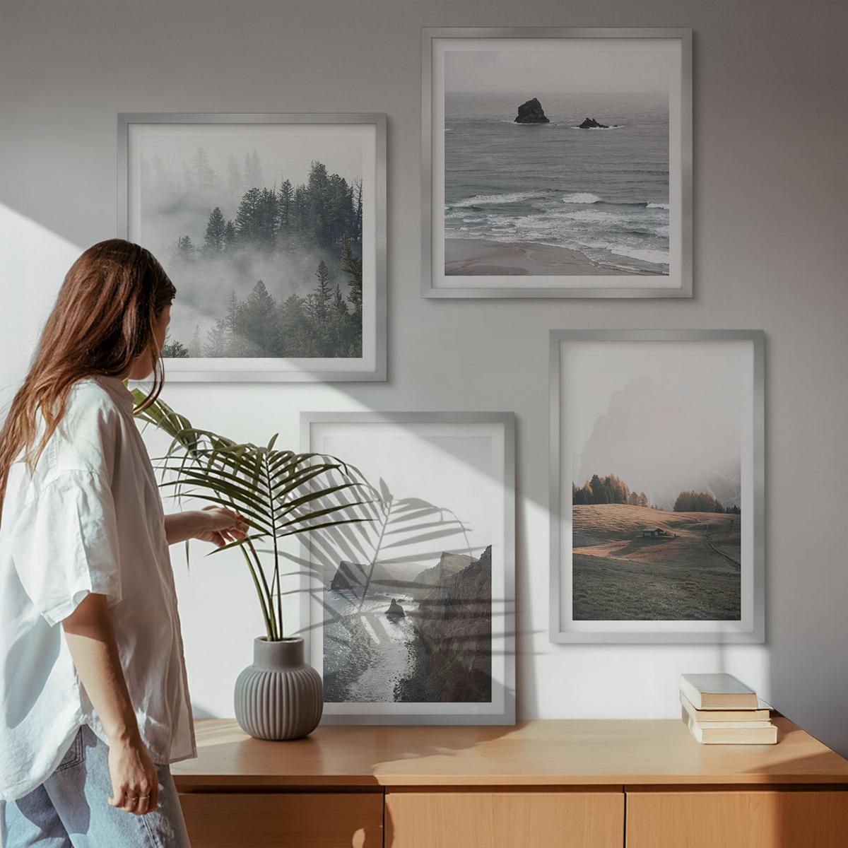 BILDER SET 4er Set - 50x50 cm & 40x60 cm Silberner Rahmen - Landschaften aus Bergen und Meer - Silberfarben, Kunststoff (50/50cm) - TULUP