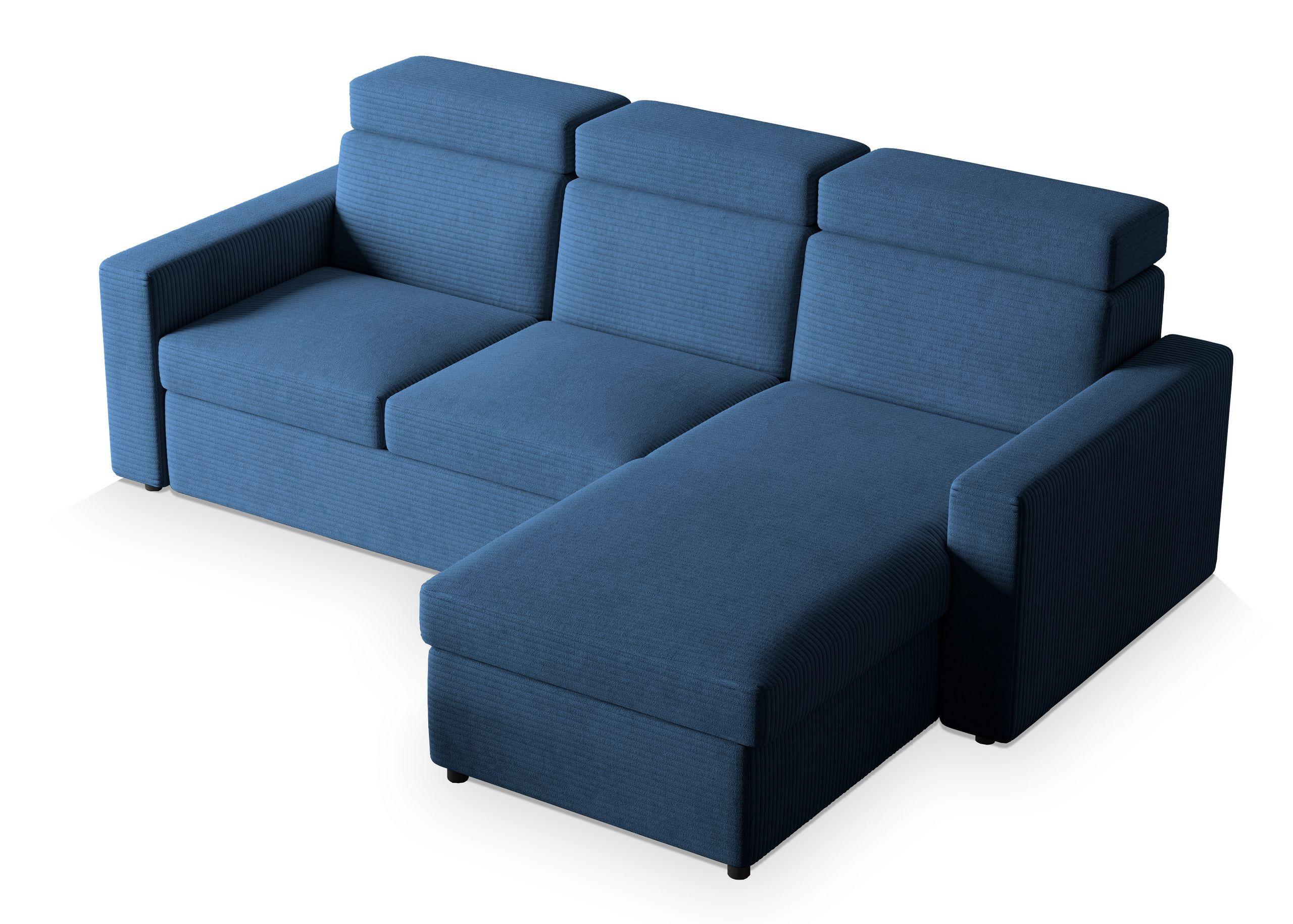 ECKSOFA PADWA Blau Kordstoff mit Schlaffunktion - Blau/Schwarz, Holz/Kunststoff (227/168cm) - MASSENO