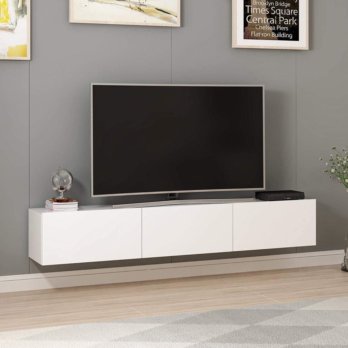 SCHWEBENDER TV-Schrank mit 3 weißen Türen, Länge 180 cm - Rigel - Weiß, Holzwerkstoff (32/30/180cm) - Calicosy