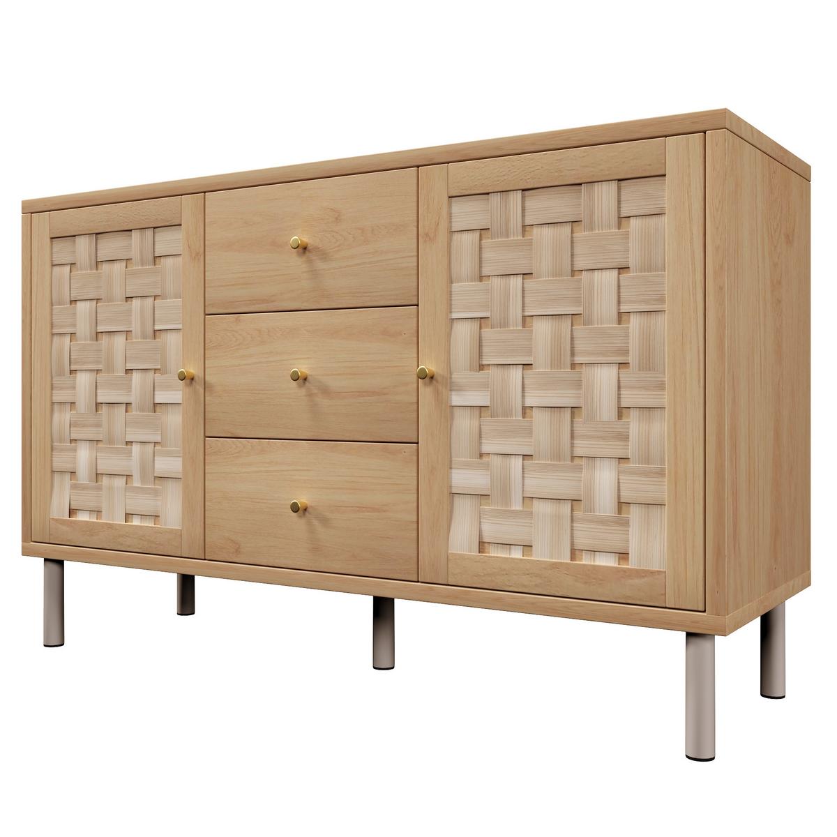 SIDEBOARD in eichenoptik mit gewebten fronten, 2 türen und 3 schubladen - Eichefarben, Holz (120/70/40cm) - Urban Meuble