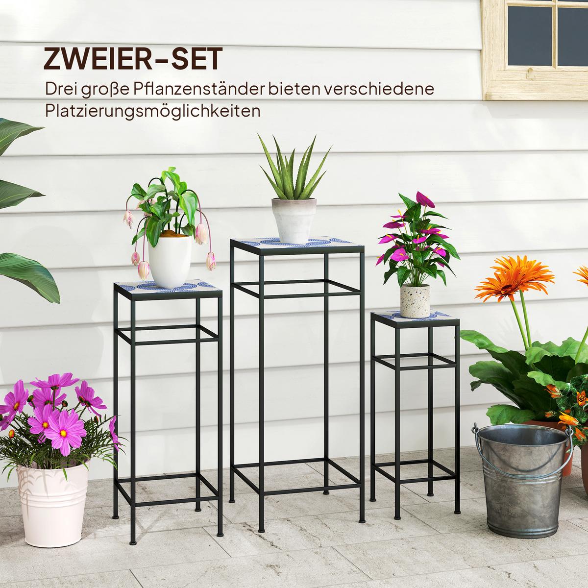 PFLANZENSTÄNDER 3er Set Metall Fliesen Blau - Blau, Metall (28/71/28cm) - Outsunny