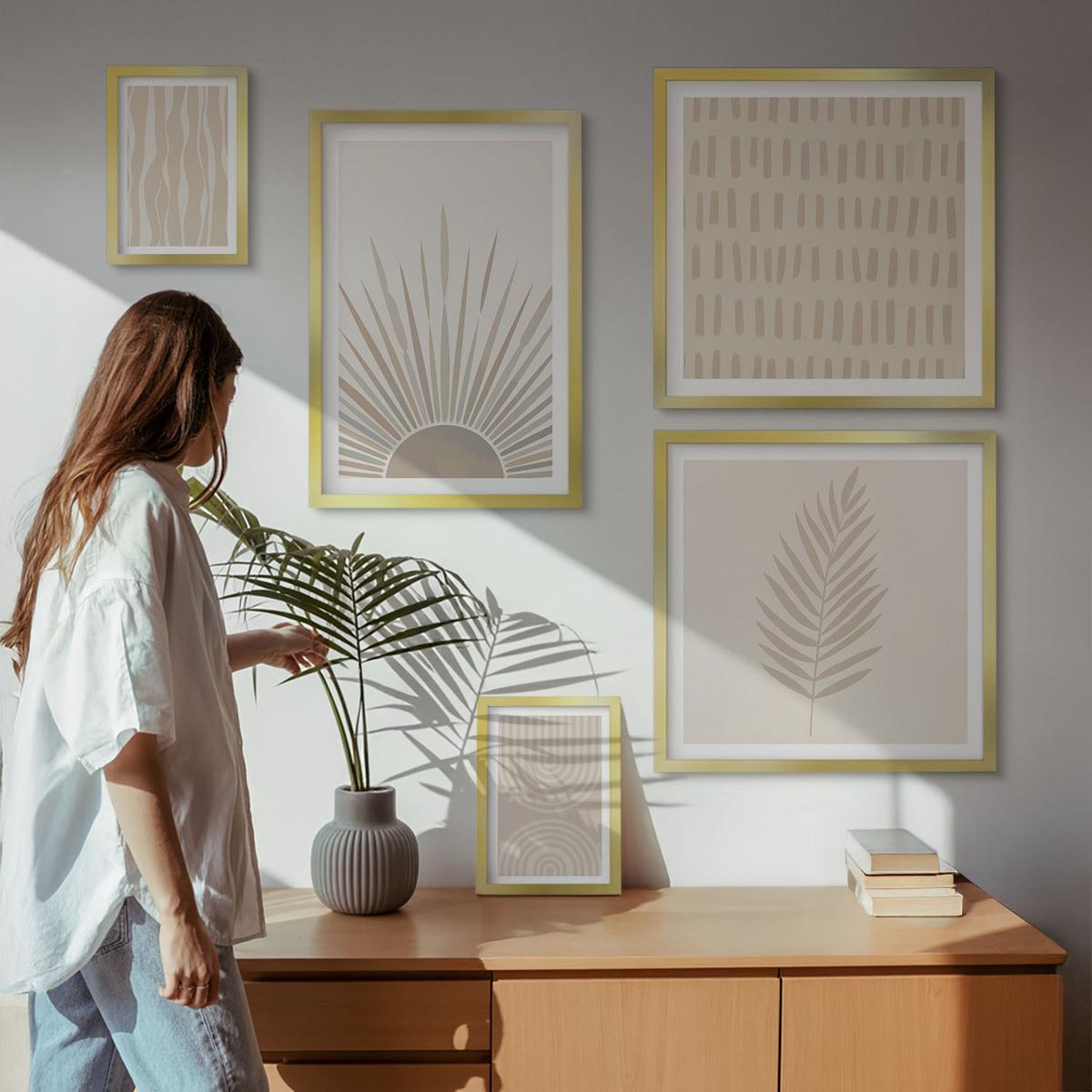 BILDER SET 5er Set - 50x50 cm & 20x30 cm & 40x60 cm Goldrahmen - Beige Pflanzenmuster - Goldfarben, Kunststoff (40/60cm) - TULUP