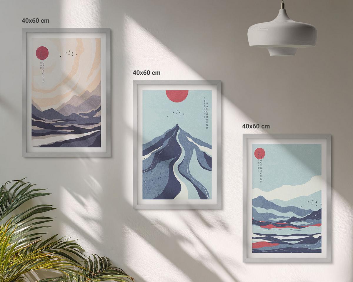 BILDER SET 3er Set - 40x60 cm Silberner Rahmen - Abstrakte japanische Berge - Silberfarben, Kunststoff (40/60cm) - TULUP