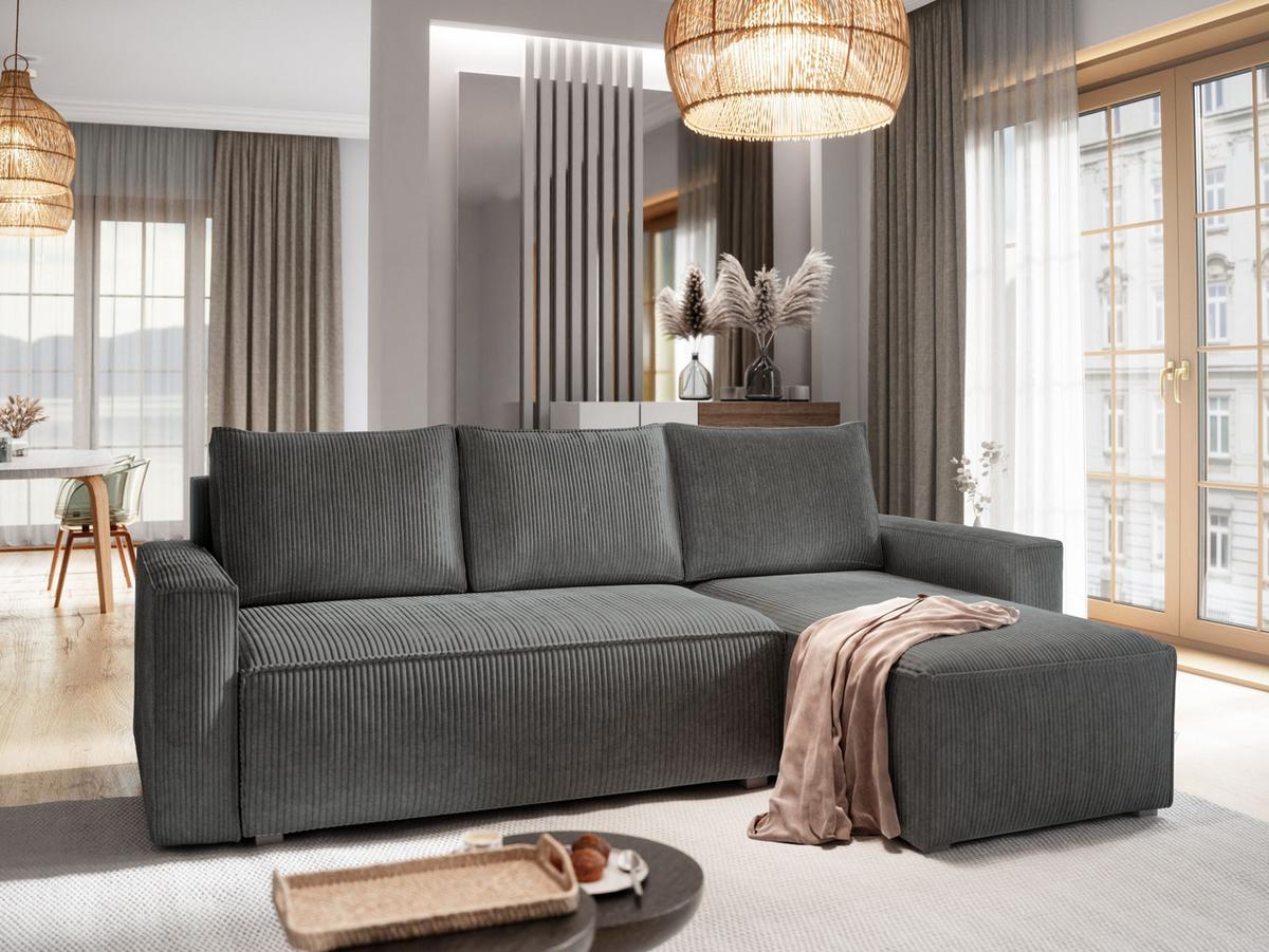 ECKSOFA POTARO Grau Kordstoff mit Schlaffunktion - Grau, Holz/Kunststoff (232/140cm) - MASSENO