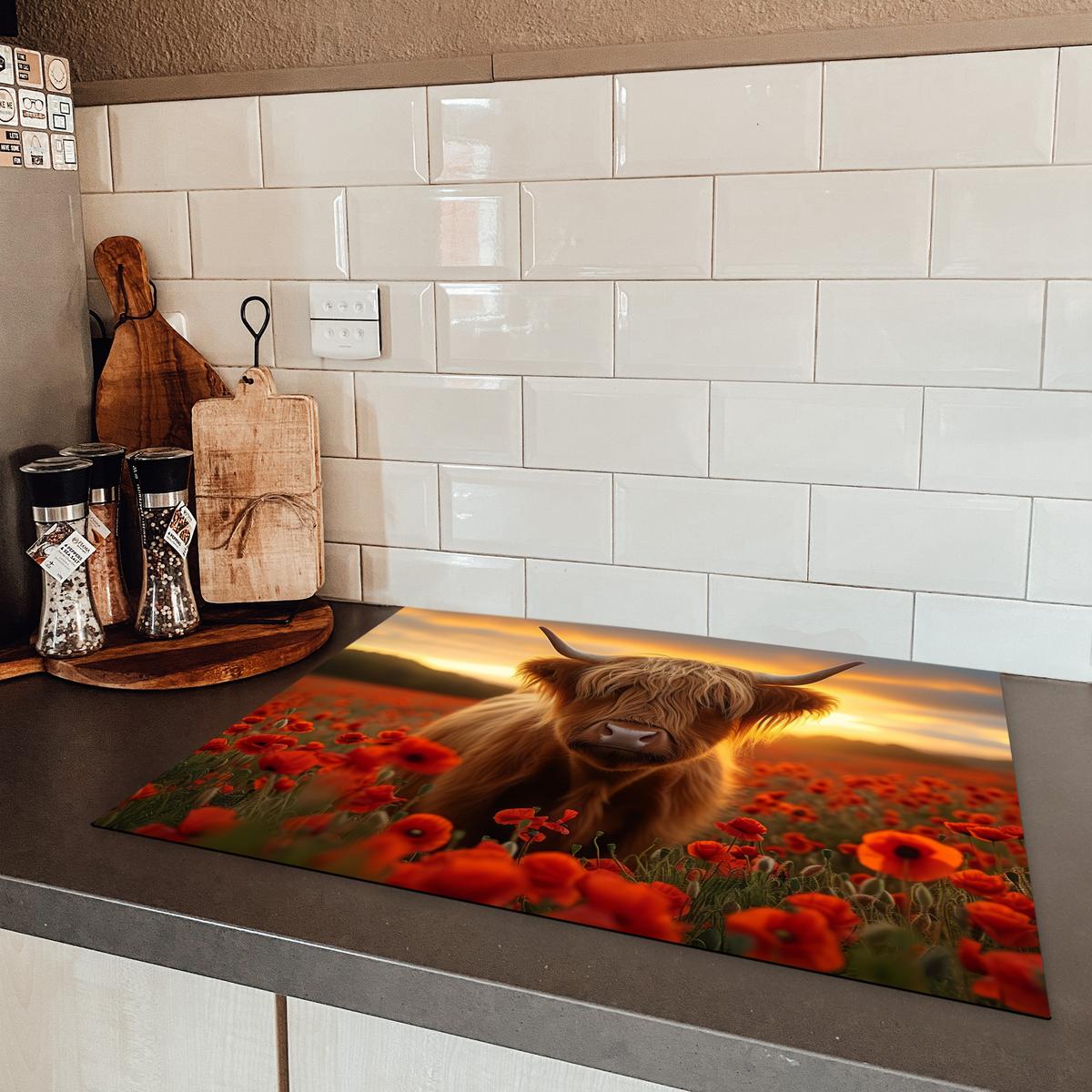 HERDABDECKPLATTE Schottische Highlander - Rosen - Blumenfeld - Sonnenuntergang Induktionsmatte 71x52 cm - Rotbraun, Kunststoff (71/52/0.2cm) - MuchoWow