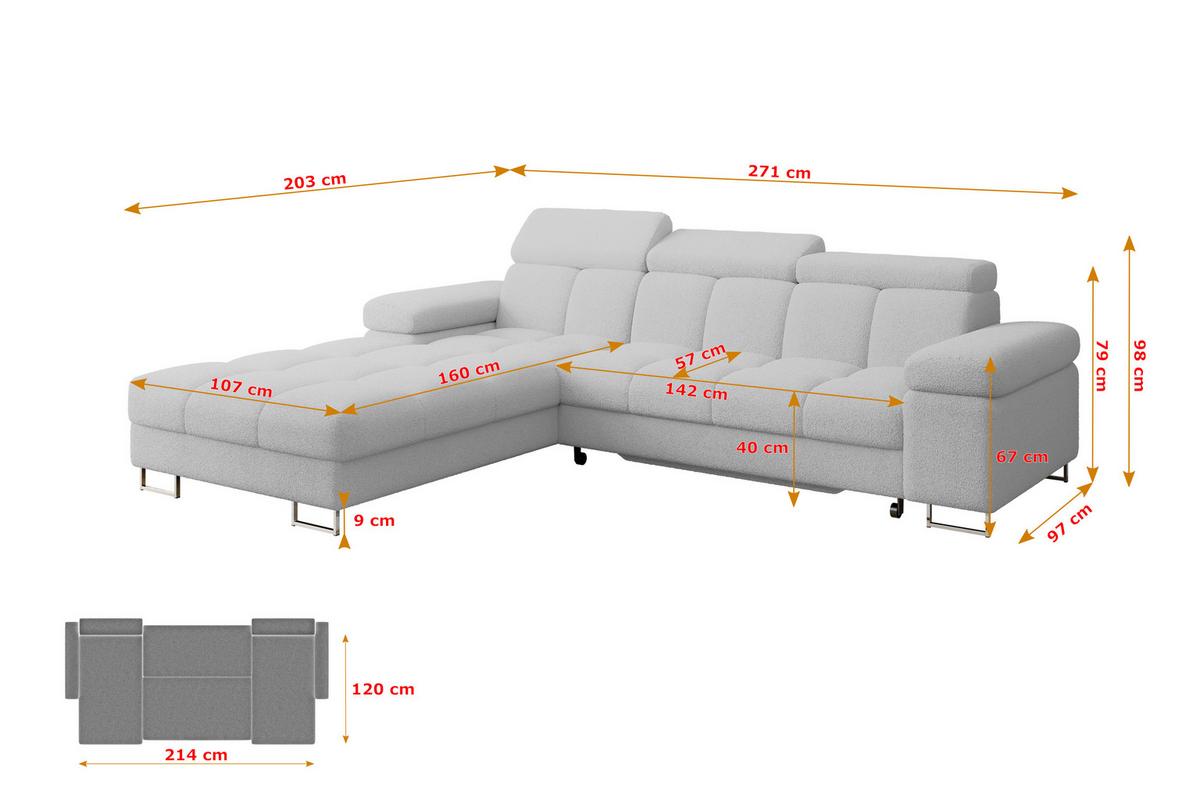ECKSOFA mit Schlaffunktion Ottomane Links 271x203x79 Hellgrau Bouclé - Edelstahlfarben, Holzwerkstoff/Textil (271/203cm) - ALTDECOR