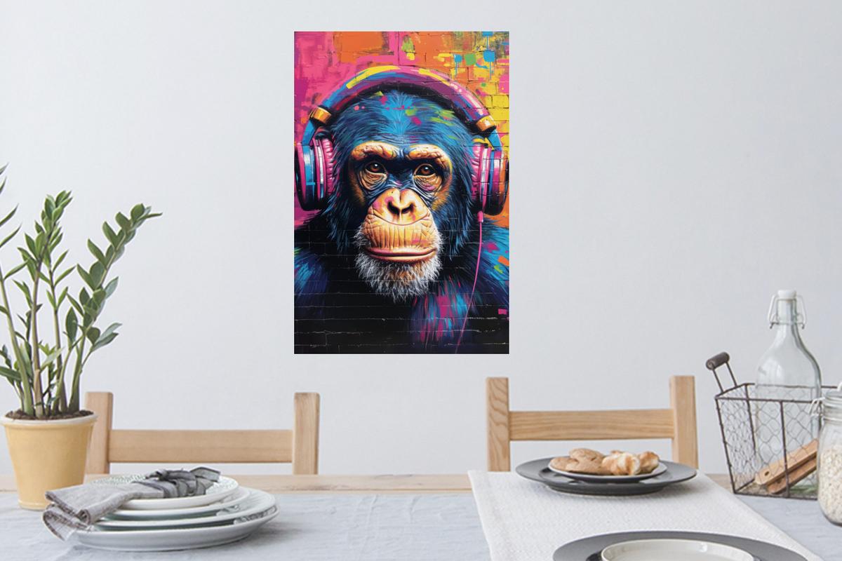 WANDTATTOO Graffiti - Schimpanse - Straßenkunst - Kopfhörer - Affe Wandbild 40x60 cm - Blau, Kunststoff (40/60/0.1cm) - MuchoWow