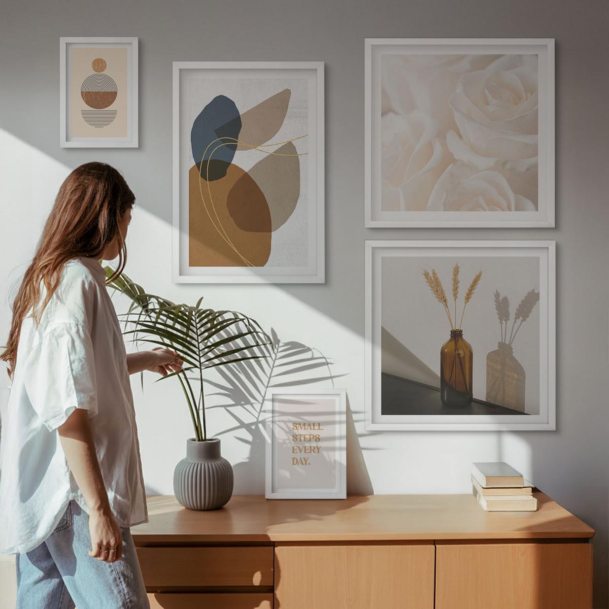BILDER SET 5er Set - 50x50 cm & 20x30 cm & 40x60 cm Weißer Rahmen - Abstrakte Formen Akzente - Weiß, Kunststoff (40/60cm) - TULUP