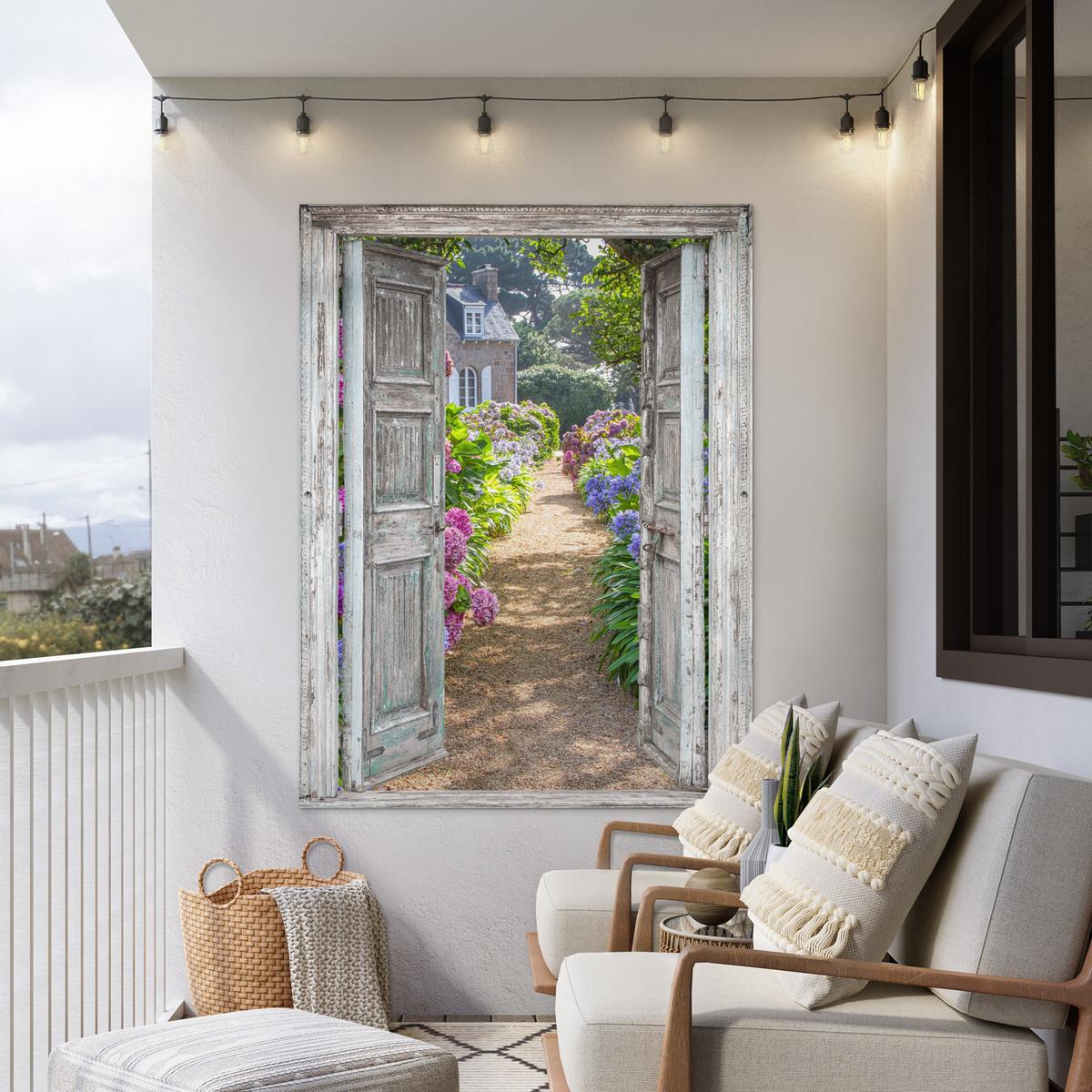 GARTENPOSTER Durchblick - Hortensie - Blumen Gartendekoration 120x160 cm - Hellgrau, Kunststoff (120/160/0.2cm) - OnlyWow