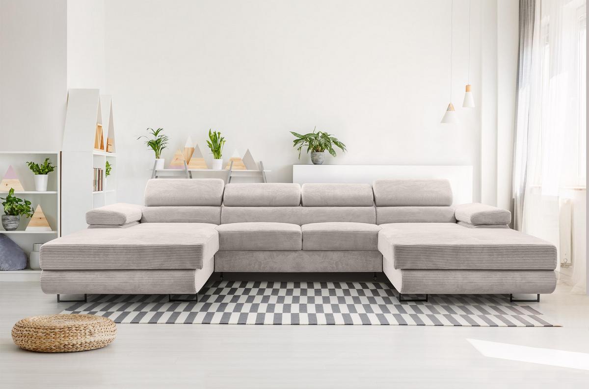 WOHNLANDSCHAFT Arborio Weiß 352/202/90 cm mit Schlaffunktion - Creme/Schwarz, Textil/Metall (352/90/202cm) - AX Living