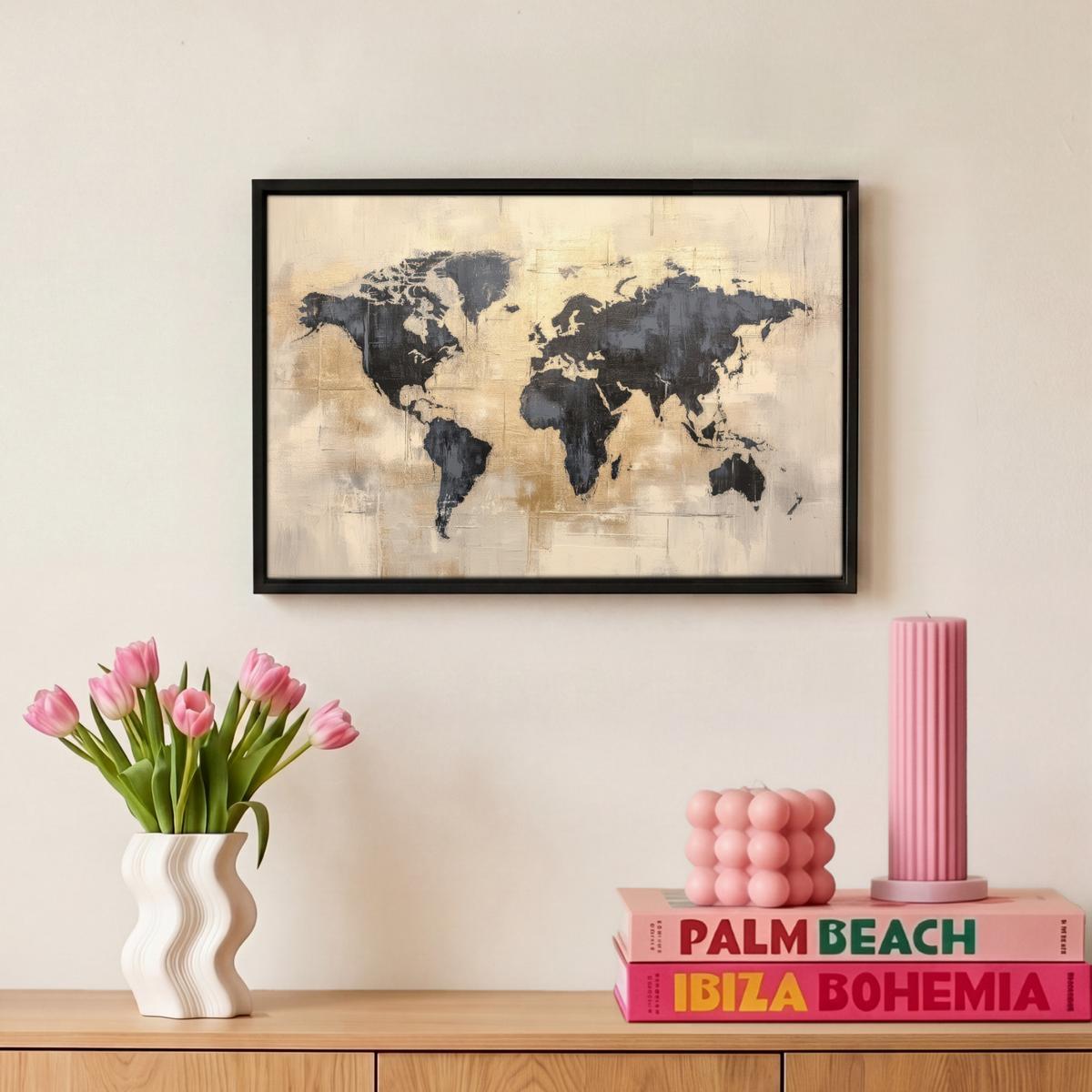 LEINWAND Bilder mit Rahmen - Weltkarte - Gold - Schwarz - Abstrakt - 30x20 - Kupferfarben, Textil (30/20cm) - MuchoWow