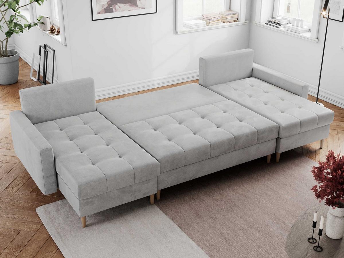 WOHNLANDSCHAFT Colin U Velvet Hellgrau - Hellgrau/Braun, Holz/Textil (290/75/140cm) - MKS