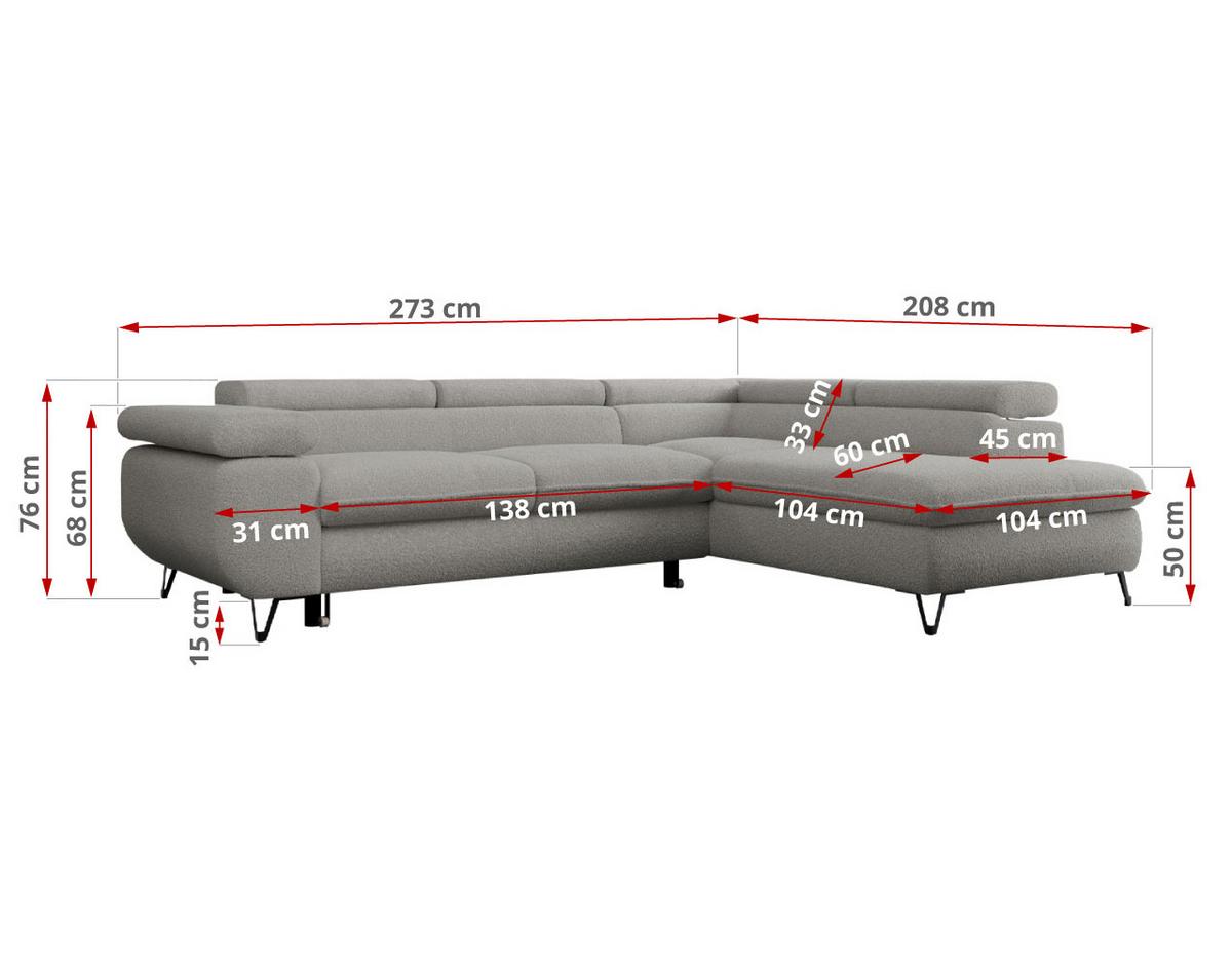 ECKSOFA PETER L Hellgrau Boucle - Links Seite - Hellgrau/Schwarz, Textil/Metall (208/273cm) - MKS