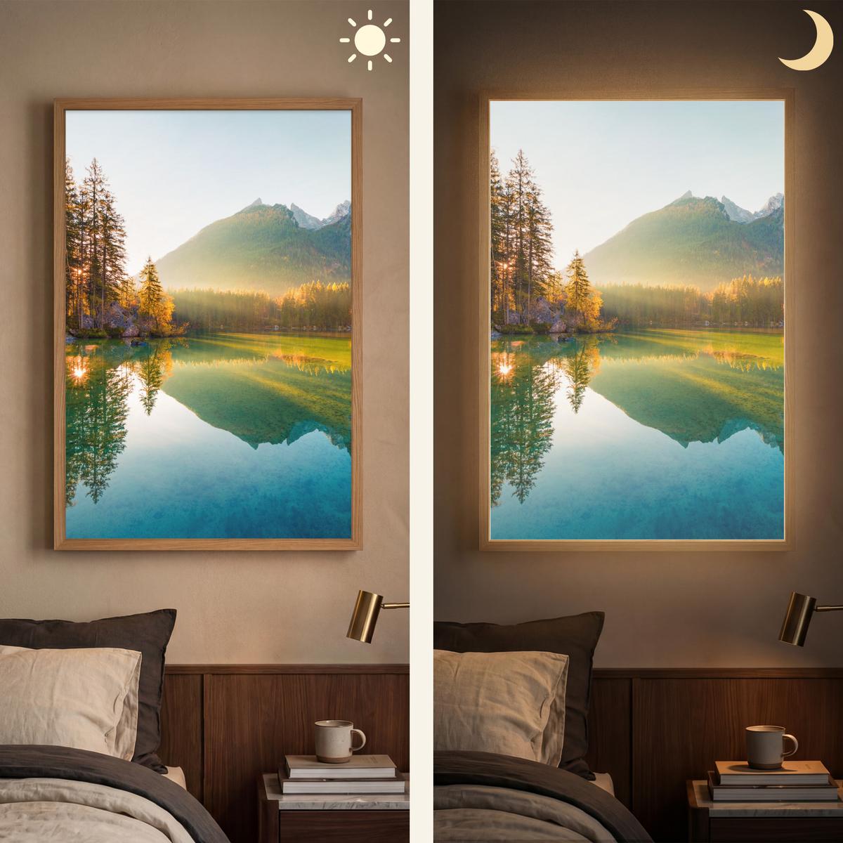 WANDLEUCHTE MIT AKKU See - Wald - Berge - Natur - Sonne - Landschaft 70x100 cm - Grün, Holzwerkstoff (70/100/8cm) - OnlyWow