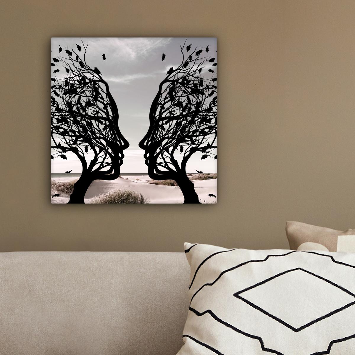 LEINWANDBILD Strand - Meer - Menschen - Baum - Moderne Kunst Deko Wohnzimmer 20x20 cm - Hellgrau, Textil (20/20cm) - MuchoWow