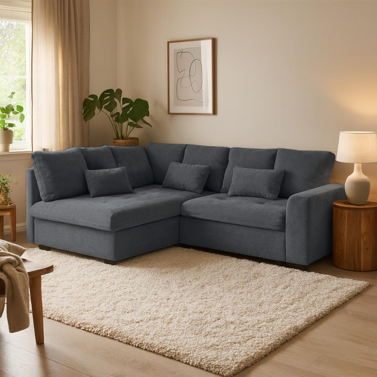 ECKSCHLAFSOFA Ramo mit Bettkasten, Topper gratis, Dunkelgrau, links - Dunkelgrau/Schwarz, Textil (190/229cm) - Beautysofa