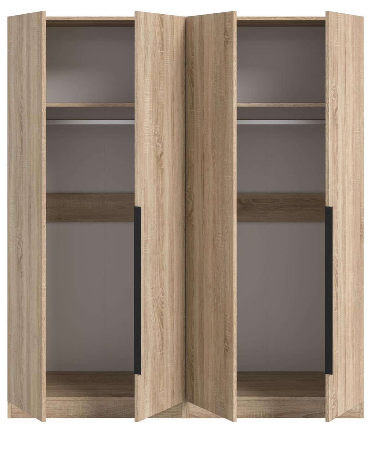 KLEIDERSCHRANK Eiche Sonoma 4-türig 160 x 181 cm, Drehtürenschrank mit Kleiderstange - Eichefarben/Schwarz, Holzwerkstoff/Kunststoff (160/181/52cm) - Inn.Furn