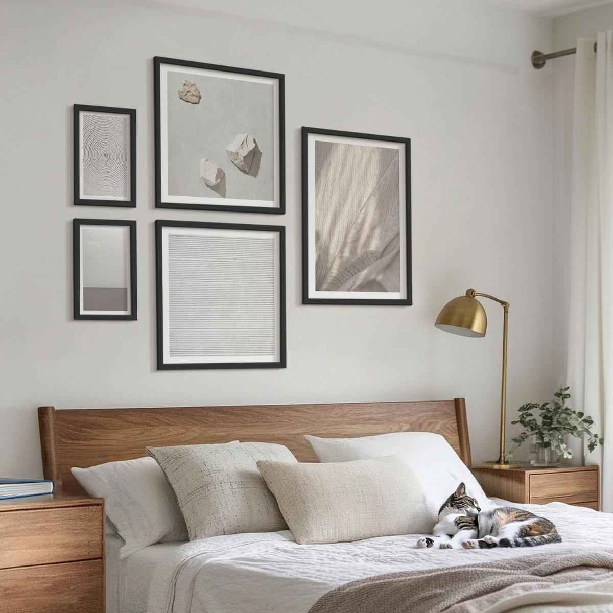 BILDER SET 5er Set - 50x50 cm & 20x30 cm & 40x60 cm Schwarzer Rahmen - Zarte Boho-Texturen der Natur - Schwarz, Kunststoff (40/60cm) - TULUP