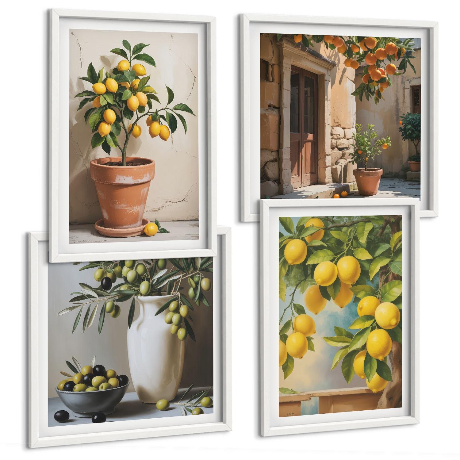 BILDER SET 4er Set - 50x50 cm & 40x60 cm Weißer Rahmen - Zitronenbäume im Topf - Weiß, Kunststoff (50/50cm) - TULUP